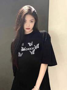 Women's Loose Black Printed T-Shirt - Short Sleeves, Loose Fit, Machine Washable, Japanese Text, Panda Pattern Design
