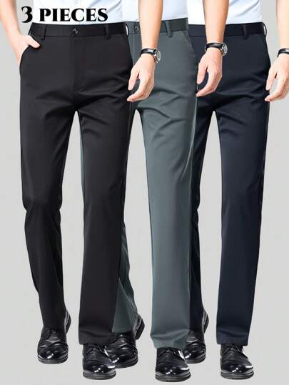 3pcs Men's Classic Design Dress Pants, Solid Color Stretch Pants For Business Occasions In Spring & Summer, Elegant Luxurious Style