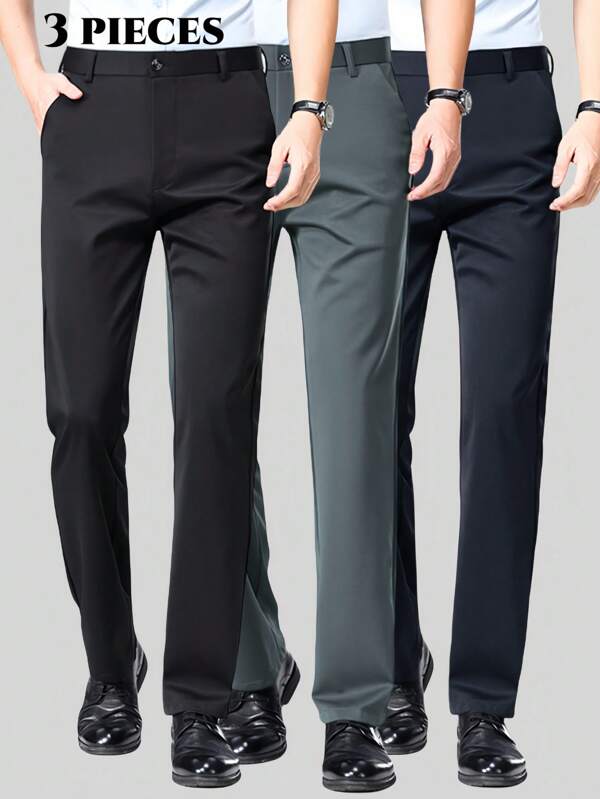 3pcs Men's Classic Design Dress Pants, Solid Color Stretch Pants For Business Occasions In Spring & Summer, Elegant Luxurious Style