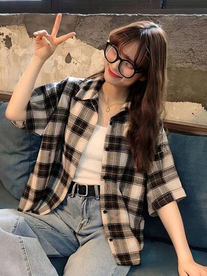 撞色格子领春夏宽松单排扣休闲女衬衫，格子衬衫