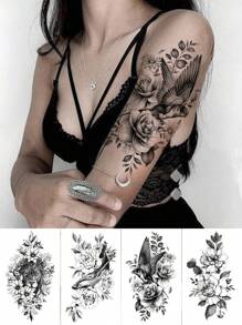 4 fogli di tatuaggi temporanei neri con disegni di uccelli, delfini, leoni e fiori, ideali per decorazione del corpo, trucco pazzo, campeggio, palestra, uso quotidiano su braccia, gambe, schiena, petto per uomini e donne