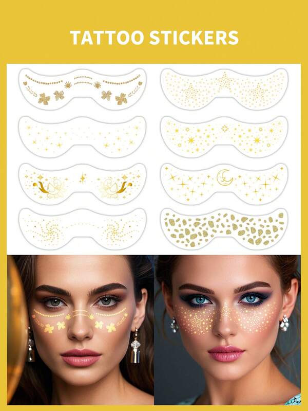 8pcs Gold Foil Patterned Temporary Face Stickers, Waterproof Fake Tattoo Body Stickers Suitable For Party, Evening, Dance, Daily Use