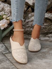 Fall/Winter Women's Summer Lace Hollow-Out Flat Loafers, Comfortable Linen Slip-On Mule Sandals - Beige - View 3