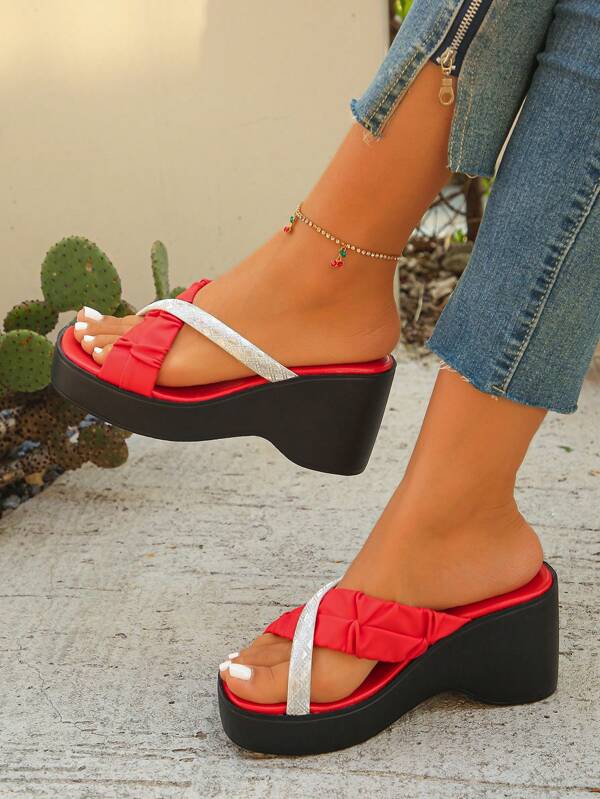 Plus Size Women Thick Bottom Sandals, New Fashion European And American Style Red Splice Sequins Wedge Thick Bottom Slippers, Comfortable Daily, Vacation, Waterproof Platform Thick Bottom Sandals