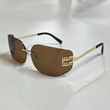 1 Stück modische retro rahmenlose Brillen für Damen mit großen Augen, modischer Brille für Frauen, personalisiert, lässig und vielseitig, geeignet für die Kleidung von Frauen zum Tragen, für Straßenfotografie, Urlaub, Reisen, Strandfahren und andere Anlässe, Preppy-Stil für den Schulanfang, Wickelform, Buchstabendekoration