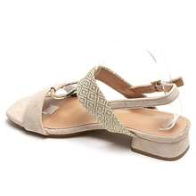 Block Heel Sandals With Woven Strap And Decorative Buckle - Beige 3879 - View 3