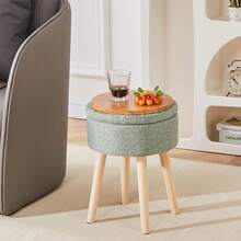 Storage Ottoman Foot Stool Teddy Velvet Round Vanity Stool Tray Top Footstool With Wood Upholstered Foot Rest Ottoman Living Room, Bathroom, Makeup (White) - 綠色 - 查看 2