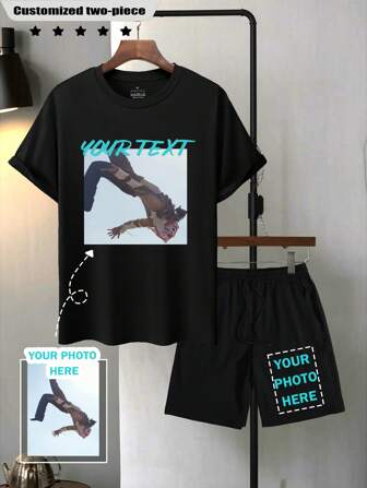 Customized 2-Piece Set For Men - Loose Fit Casual T-Shirt And Drawstring Shorts, Suitable For Streetwear, Sportswear, Vacation, Outdoor, Spring, Summer, Autumn. Ideal Gift For Boyfriend, Family, Friends On Birthdays, Holidays, School, Daily Wear, Anniversaries, Christmas, Halloween, Independence Day, Eid Al-Adha, St. Patrick's Day. Can Use Your Own Photos/Logos For Personalization.