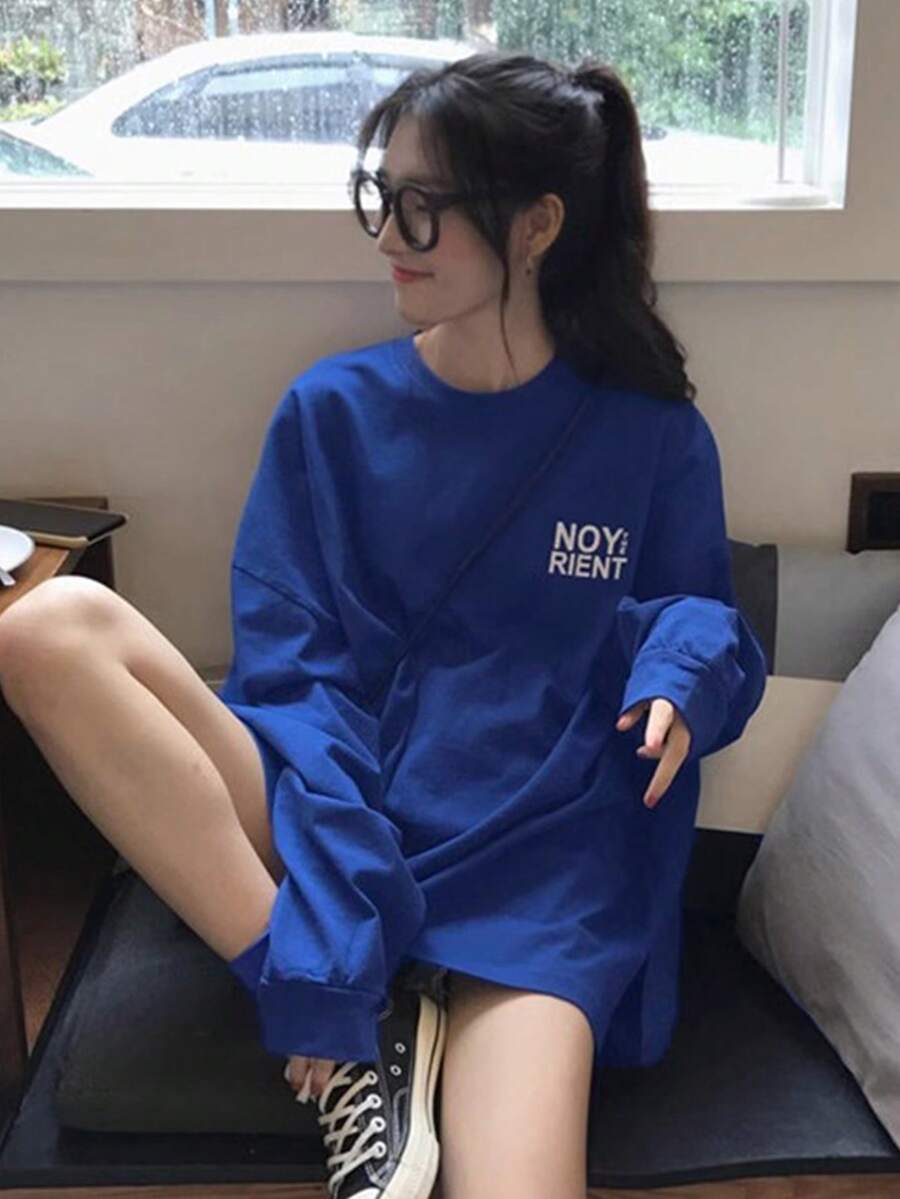 女士宽松休闲街头字母印花长袖 T 恤，百搭日常穿着，春/秋 - 藍色 - 查看 1