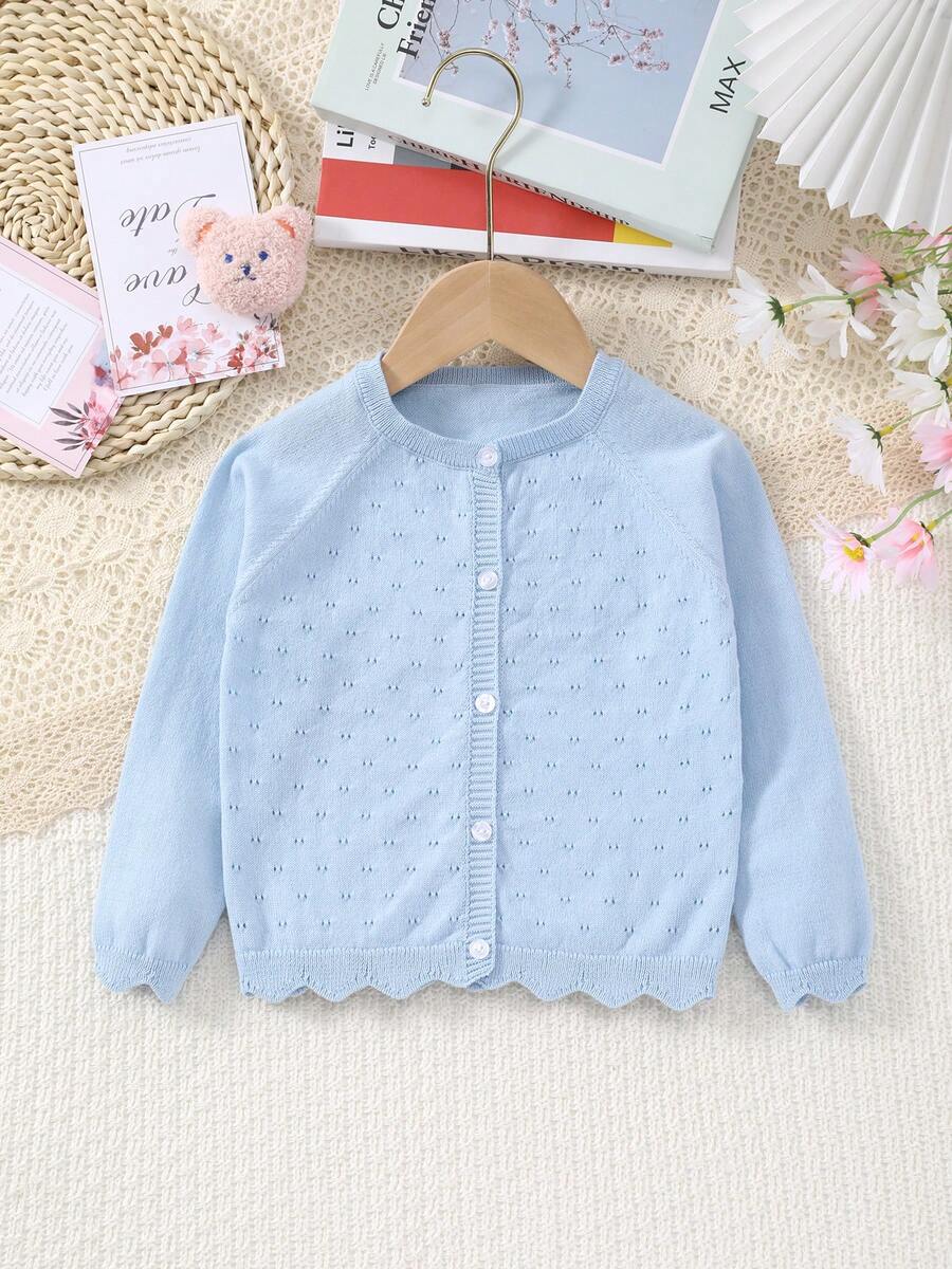 Baby Girls' Lightweight Hollow Floral Pattern Button Long Sleeve Knitted Cardigan - Baby Blue - View 1