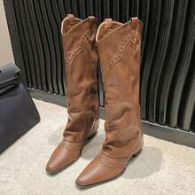 Retro Rivet High Shaft Cowgirl Boots, French Style Women Versatile Western Riding Boots, Suitable For Petites - Brown - View 9