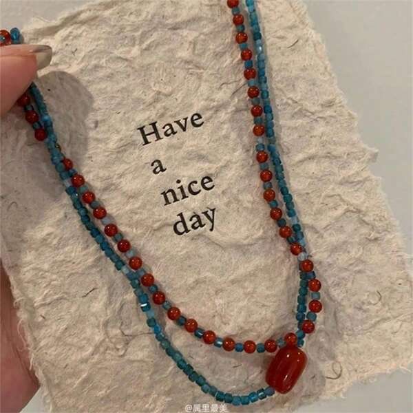 Retro Red & Blue Crystal Beaded Necklace For Women, Indie Design Elegant Necklace, Atmospheric Collarbone Chain Accessory