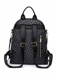 Women's Design Rhombus Pattern Large Capacity Backpack, Casual Shoulder Bag, Commuter Bag, Student Backpack, Mother Bag - Black - View 8