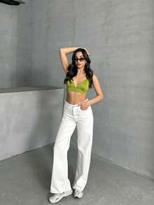 Damen Zerissene Boyfriend Weite Bein Jeans, einfarbig mit Reißverschlusstaschen & Knöpfen