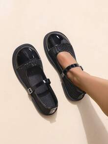 Mary Jane Flats With Mesh Splice Round Toe Buckle Closure, Simple Design, Breathable, British Style