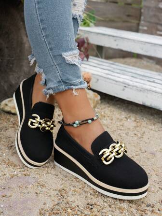 2025年新款金属扣装饰女式短款踝靴厚底坡跟增高一脚蹬鞋