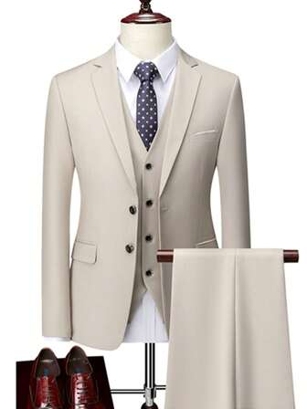 Conjunto de 3 piezas con traje liso de negocios para hombre de corte ajustado con estiramiento, incluye blazer, chaleco y pantalones, traje formal de trabajo