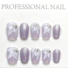 Juego de 10 piezas, uñas decorativas de forma cuadrada corta con ojos de gato pintados a mano, piedras de colores aurora y diseño floral morado brillante