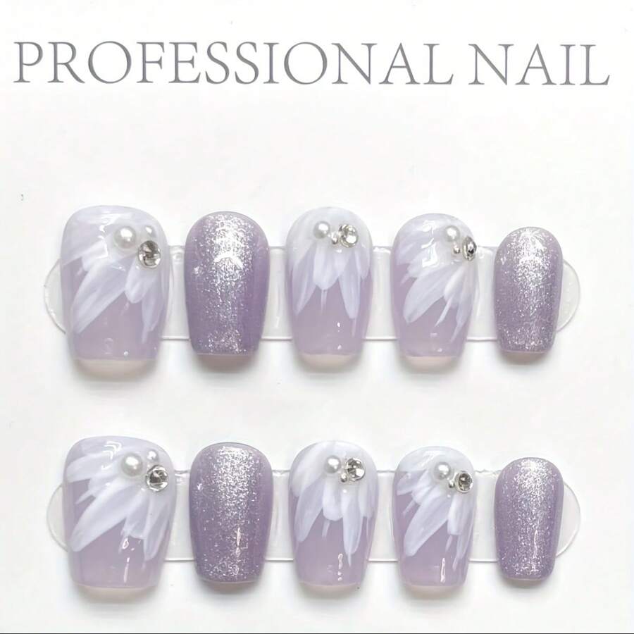 Juego de 10 piezas, uñas decorativas de forma cuadrada corta con ojos de gato pintados a mano, piedras de colores aurora y diseño floral morado brillante