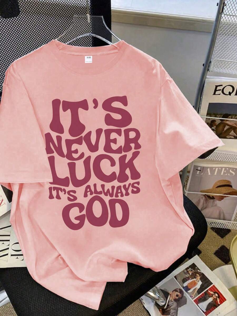 Camiseta de manga corta con estampado de lema para adolescentes, top de verano de cuello redondo, adecuado para la escuela, las vacaciones y las compras - Rosa - Ver 1
