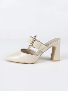 女式宽版穆勒拖鞋，新款高跟粗跟尖头优雅百搭法式夏季一脚蹬鞋 - 杏色 - 查看 4