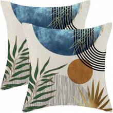 2 PIÈCES Taie d'oreiller de style bohème Abstrait Coucher de soleil doré vert sapin Taie d'oreiller extérieure de style médiéval bohème tropical à motif de feuilles Décorations de ferme Housse de coussin de canapé sans rembourrage sur un côté