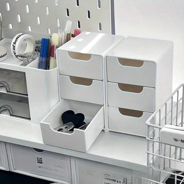 1pc Mini Desktop Storage Box With 3 Compartments, Jewelry Lipstick Drawer Cosmetics Organizer, Simple 3 Layers Drawer Storage Box, Tabletop Storage Box