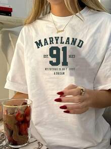 Women Solid Color Round Neck Short Sleeve Casual Letter Print Loose T-Shirt White Summer - White - View 1