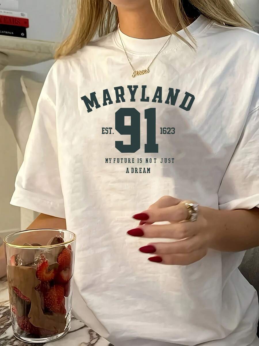 Women Solid Color Round Neck Short Sleeve Casual Letter Print Loose T-Shirt White Summer - White - View 1