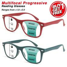 2 件渐进多焦点老花镜，近视和远视两用，经典方形镜框，舒适弹簧铰链，男女通用