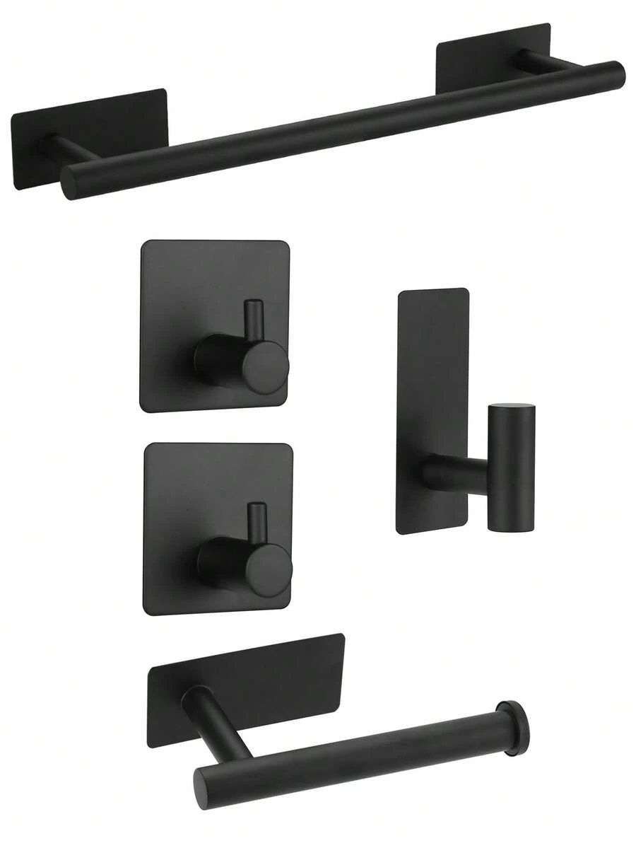OBOVAY 5pcs Drill-Free Bathroom Accessories Set, Stainless Steel Bathroom Hardware Set, Towel Bar, Towel Rack, Toilet Paper Holder, Wall Hooks, Robe Hooks, Towel Hooks, Stainless Steel Brushed Wall Hooks For Hanging Bathrobes, Sponges In Bathroom And Bedroom - Multicolor - View 1