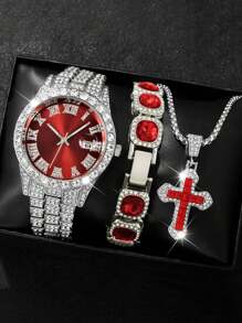 3 PIÈCES/SET Mode HIPHOP Luxe strass Bande d'Acier Calendrier Échelle Romaine Montre à Quartz Homme Avec Ensemble Bracelet strass. Collier Pendentif Croix Zircone Titane. Ensemble Cadeau Collier Bracelet Montre pour Soirées, Fêtes, Clubs Noctunes Décoration Bijoux Accessoires