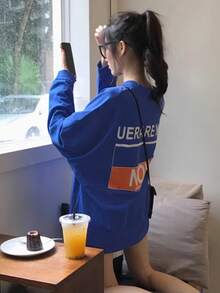 女士宽松休闲街头字母印花长袖 T 恤，百搭日常穿着，春/秋 - 藍色 - 查看 7