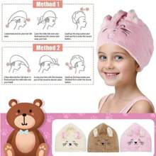 Microfiber Hair Towel For Kids- Soft Super Absorbent Rapid Drying Hair Towel Wrap Turban For Girls With 2 Buttons- Anti-Frizz For Thicker Curly Long Hair, 2 Packs, Kitty
