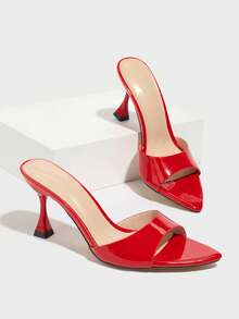 Women's High Heel Mule Sandals,Fashion Shiny Patent Leather Pointed Toe Stilettos For Party, Elegant Red Dress Shoes