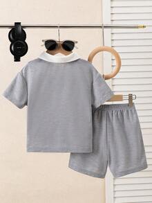 2pcs Boys' Summer Contrast Color Short Sleeve Patch Casual Sports Suit - Grey - View 3