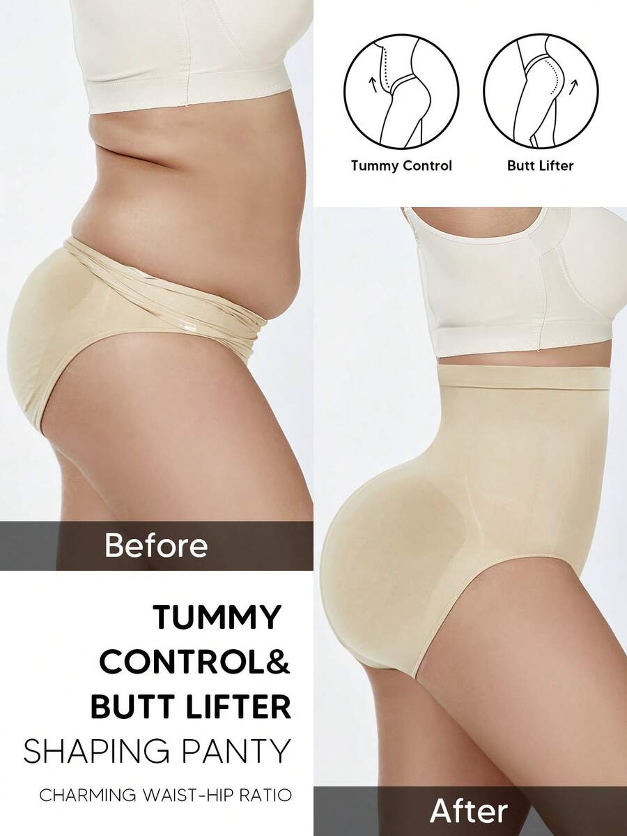 Plus Size Women High Waist Shaping Seamless Tummy Control Panties - Apricot - View 1
