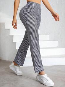 Pantalones acampanados de talle alto con estampado de pata de gallo para mujer - Patrón de moda en blanco y negro, mezcla elástica de poliéster, cómoda ropa casual para todas las temporadas, diseño de pata de gallo flexible y elegante | Pantalones de pierna ancha de tela duradera - Blanco y Negro - Ver 2