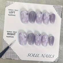 Juego de 10 piezas, uñas decorativas de forma cuadrada corta con ojos de gato pintados a mano, piedras de colores aurora y diseño floral morado brillante