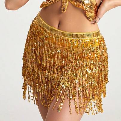 Halloween Outfits Belly Dance Glitter Sequins Tassel Skirts, Fashionable Dancing Waist Belt Skirts For Bellydance