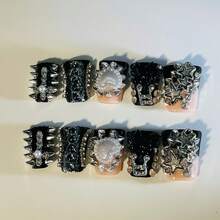 Spiked Heart Duck Tip Press On Nails 10 Pcs, Handmade Black Nails, 3D Hearts, Spikes, Stars, Punk Glam Statement, Valentines Day Nails Summer Easter - 黑色 - 查看 4