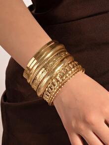 10pcs/Set European & American Vintage Minimalist Bangle Bracelets, Stacking Bangles Assorted Cuff Bracelets Set, Fashion Layered Bracelet Suit For Daily Wear - Gold - View 3