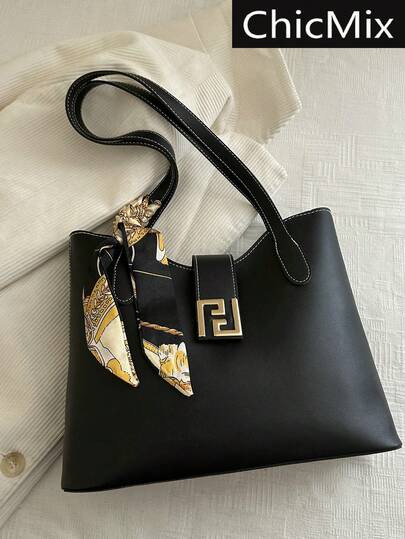 1 pièce Sac fourre-tout à l'épaule en PU avec décoration de foulard, grande capacité, léger et polyvalent, convient pour les déplacements