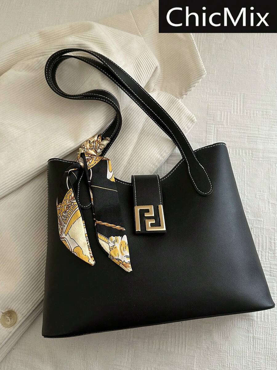 1pc PU Shoulder Tote Bag With Scarf Decor, Large Capacity, Lightweight And Versatile, Suitable For Commuting,Business Professional Women