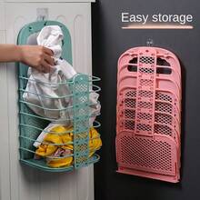 Wall-Mounted Foldable Plastic Laundry Basket, Dirty Clothes Storage Hamper For Bathroom, Without Drilling, Space-Saving Organizer For Small Bathrooms And Apartments, Convenient Wall-Side Laundry Bin With Easy Fold Mechanism, Stain-Resistant White Plastic, Keeps Dirty Clothes Off The Floor, Suited For Daily Laundry And Quick Cleanups In Busy Homes - Blue - View 4