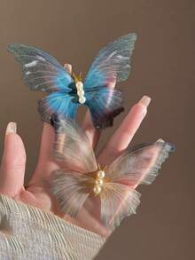 1 件复古优雅双层雪纺蝴蝶发夹，复古波西米亚花卉印花多功能发饰，适合所有季节爪夹发夹发夹 - 蝴蝶薄紗髮夾/多色 - 查看 14