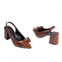 Caramel Brown Slingback Thick Block Heel Leather-Like Pumps Women's Open Back Elegant Comfortable Maricotta - 駝色 - 查看 6