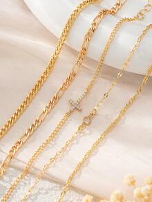 5pcs High-Quality Cubic Zirconia Cross Decorated Multilayer Bracelet, Fashionable, Suitable For Women's Parties, Gatherings, Daily Wear, Holidays, And Gifts - Yellow Gold - View 2