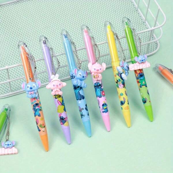7pcs Stitch Pendant Pen Cartoon Shape Fluorescent Pen Cute Pendant Neutral Pen Double Head Brushing Pen Christmas Gift, Neutral Penschool Supplies,Back To School