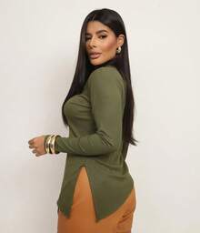 Women's Ribbed Blouse Simple Casual Elegant Split Asymmetric Fall/Winter - Verde militar - Ver 2